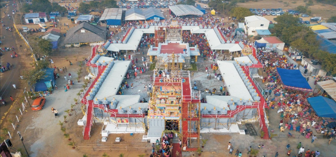 Aerial view of 108 Shakthi Peet Temple during a major gathering