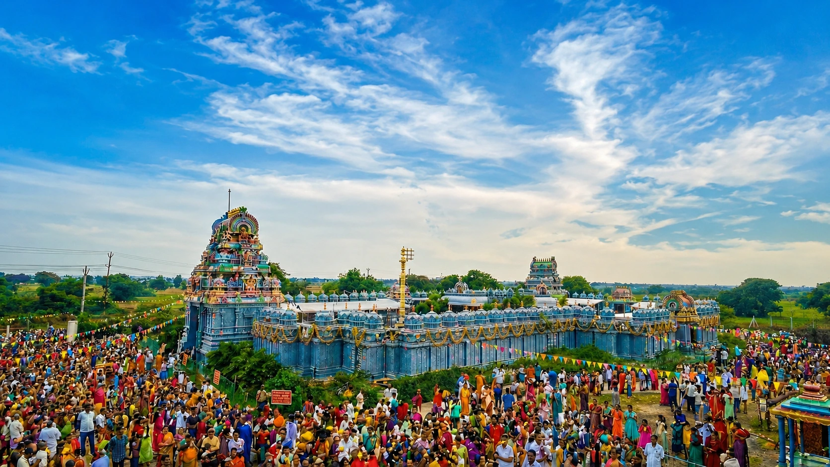 Temple grounds filled with devotees under a bright blue sky