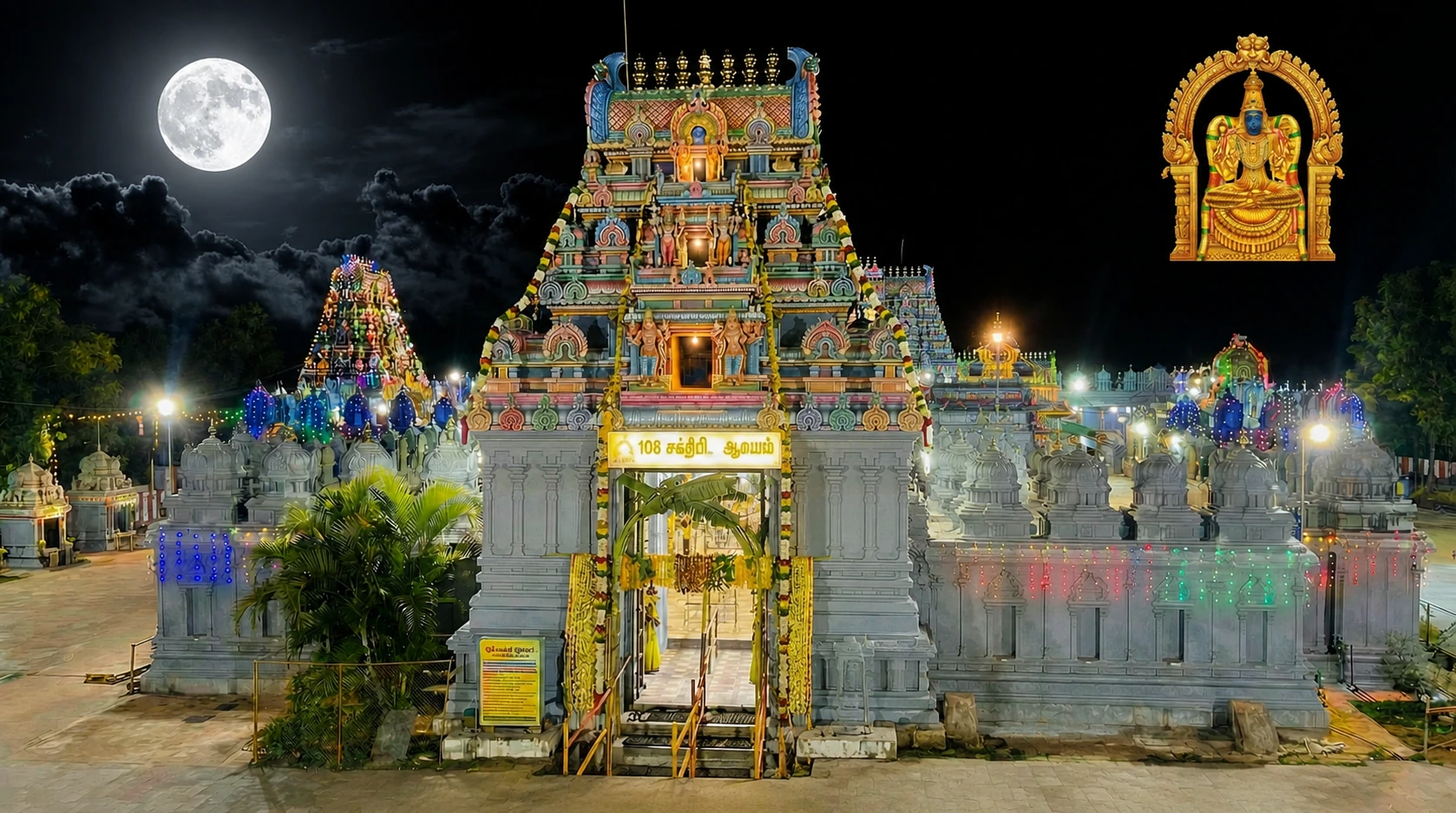 Night view of the 108 Shakthi Peet Temple under the full moon