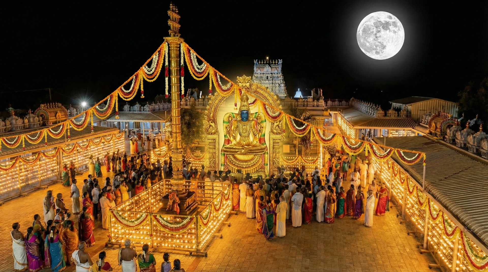 Illuminated temple courtyard with devotees and full moon at night